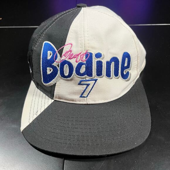 Vintage Geoff Bodine #7 Exide Batteries Racing Hat NASCAR Black White New - Picture 1 of 6